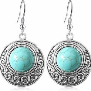 Boho Jewelry Retro Silver Hollow Round Flower Turquoise Dangle Circle Earrings